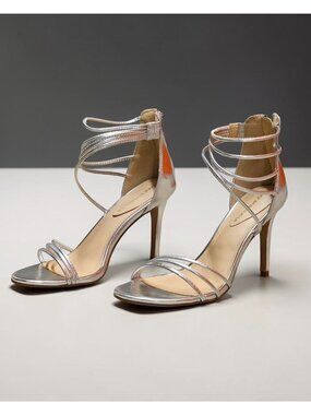 Strappy Metallic Silver High Heel Sandals With Ankle Strap Closure - Womens